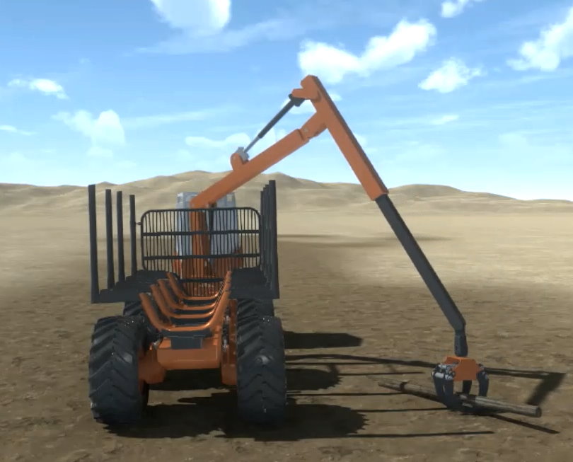 Simulated forestry crane grasping logs